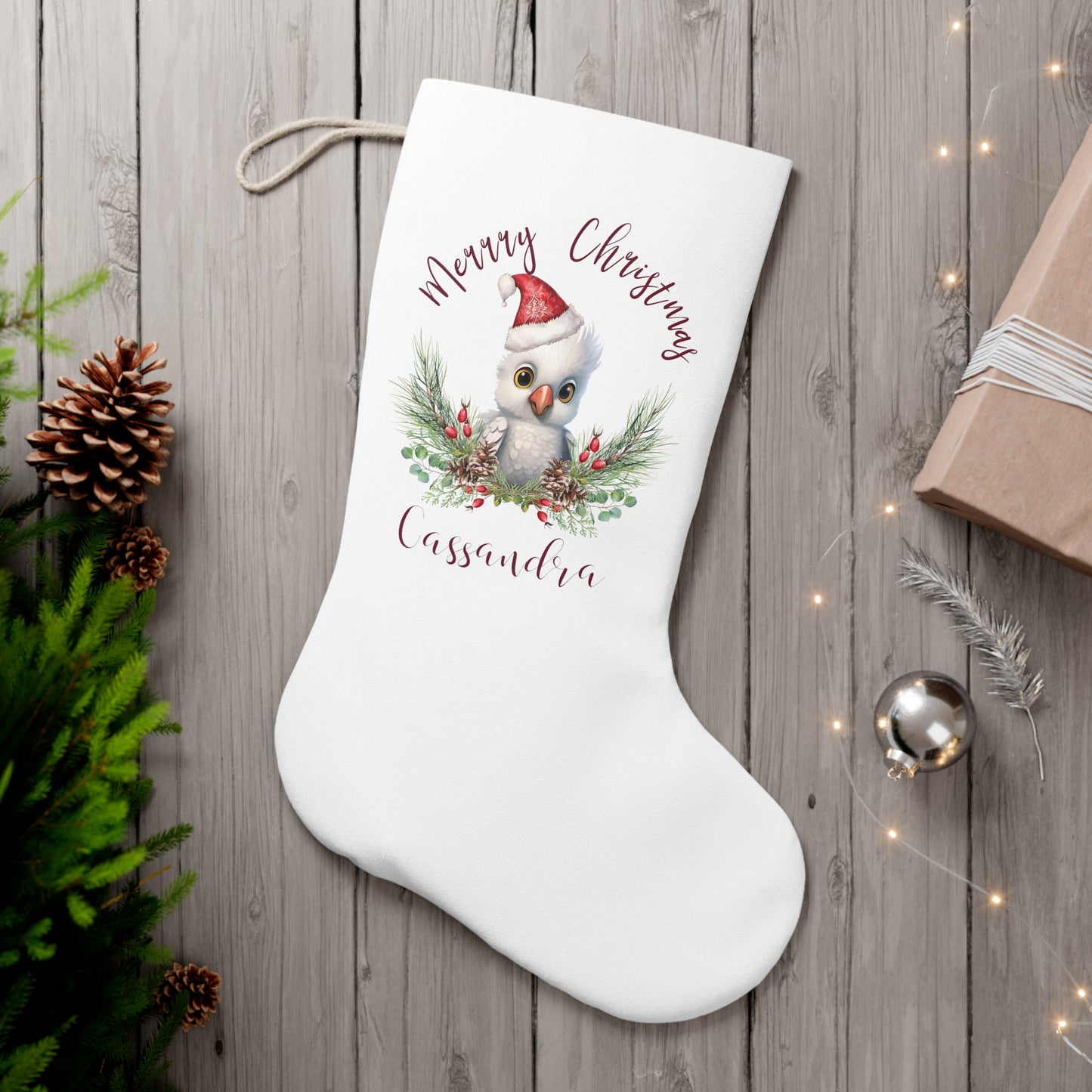 Personalised Santa Stocking, Australian Animals Poinsettia, Cockatoo