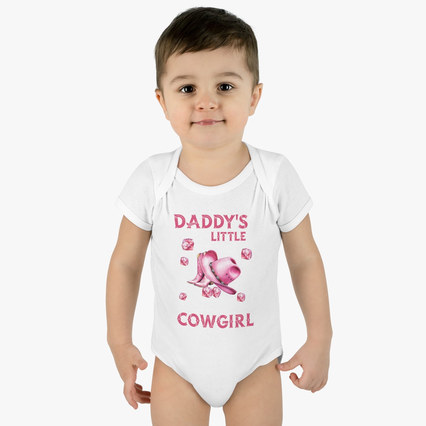 Infant Baby Rib Bodysuit, Daddy's Little Cowgirl baby Bodysuit, Pink Diamonds, Pink Cowboy Boots