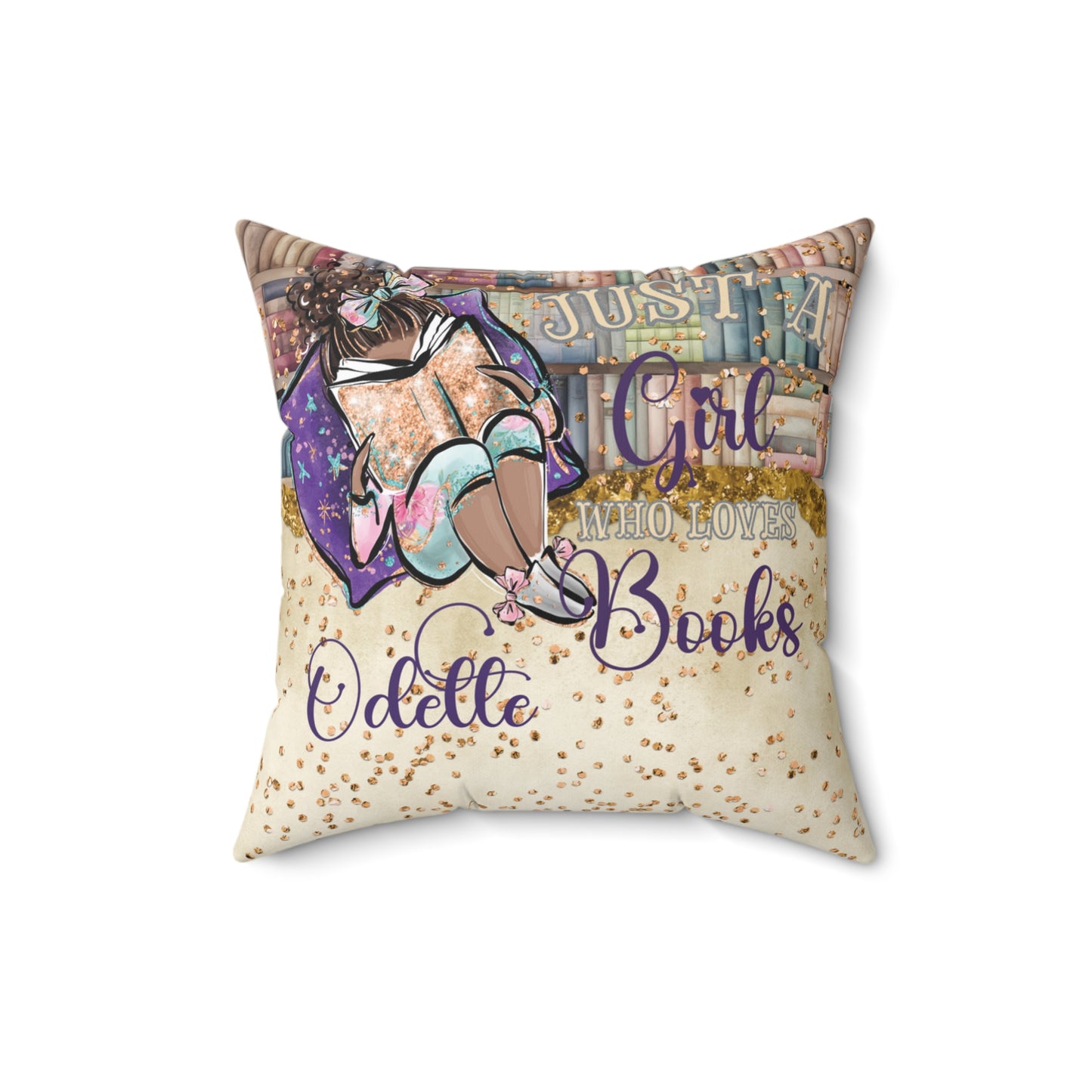 Polyester Square Pillow, Just a Girl who Loves Books, Dark Skin