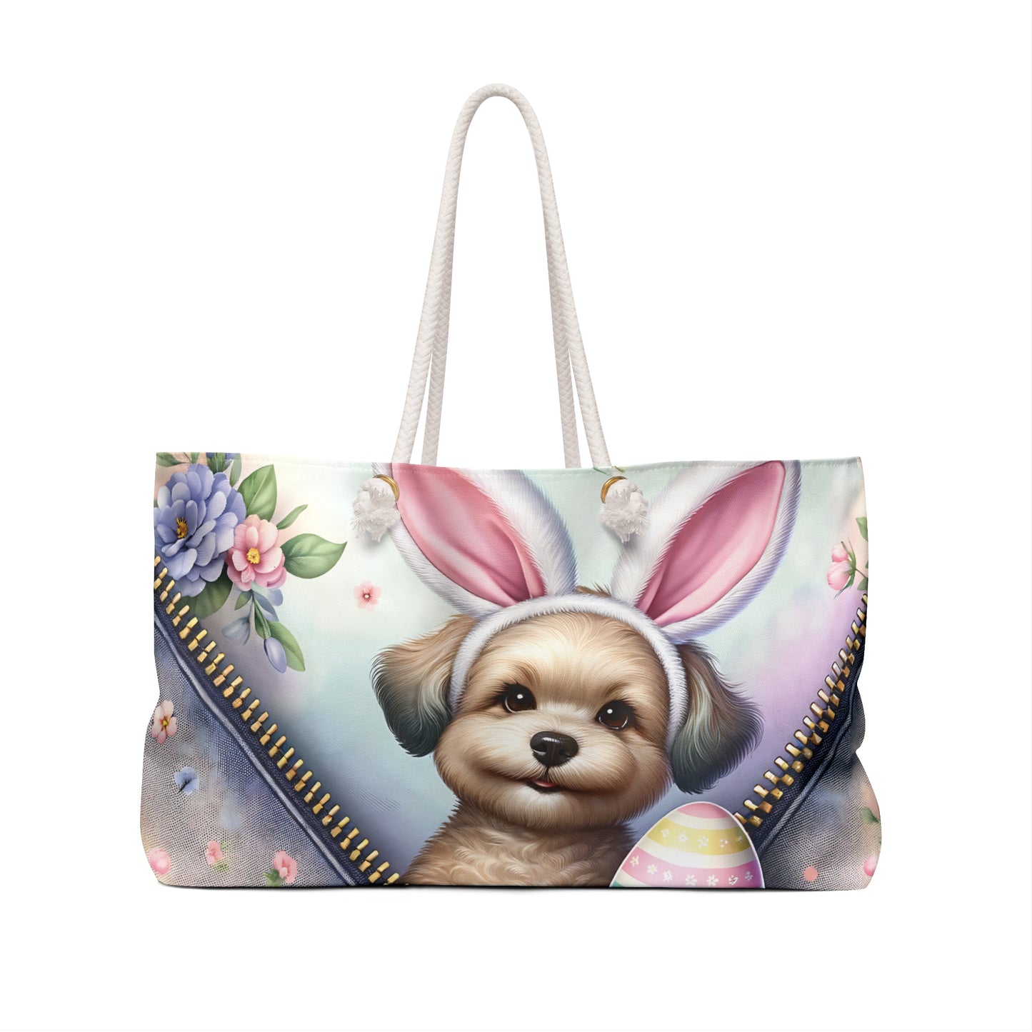 Personalised/Non-Personalised Weekender Bag, Easter, Cute Dog with Bunny Ears, Large Weekender Bag, Beach Bag, Book Bag