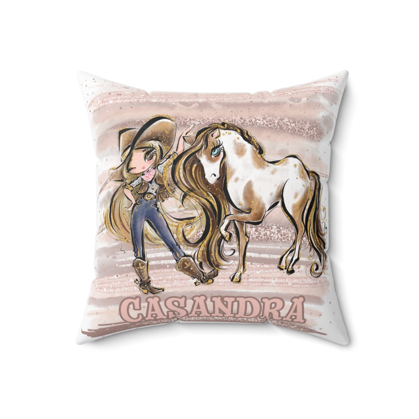 Personalised Cowgirl and Horse Cushion,  Blonde Hair, Brown Eyes, Polyester Square Cushion, Christmas cushion