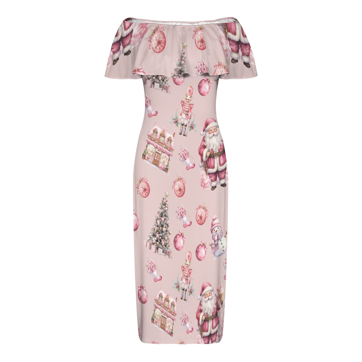 Pink Chirstmas Santa Women's Off Shoulder Ruffle Boat Neck Dress (Model D71)