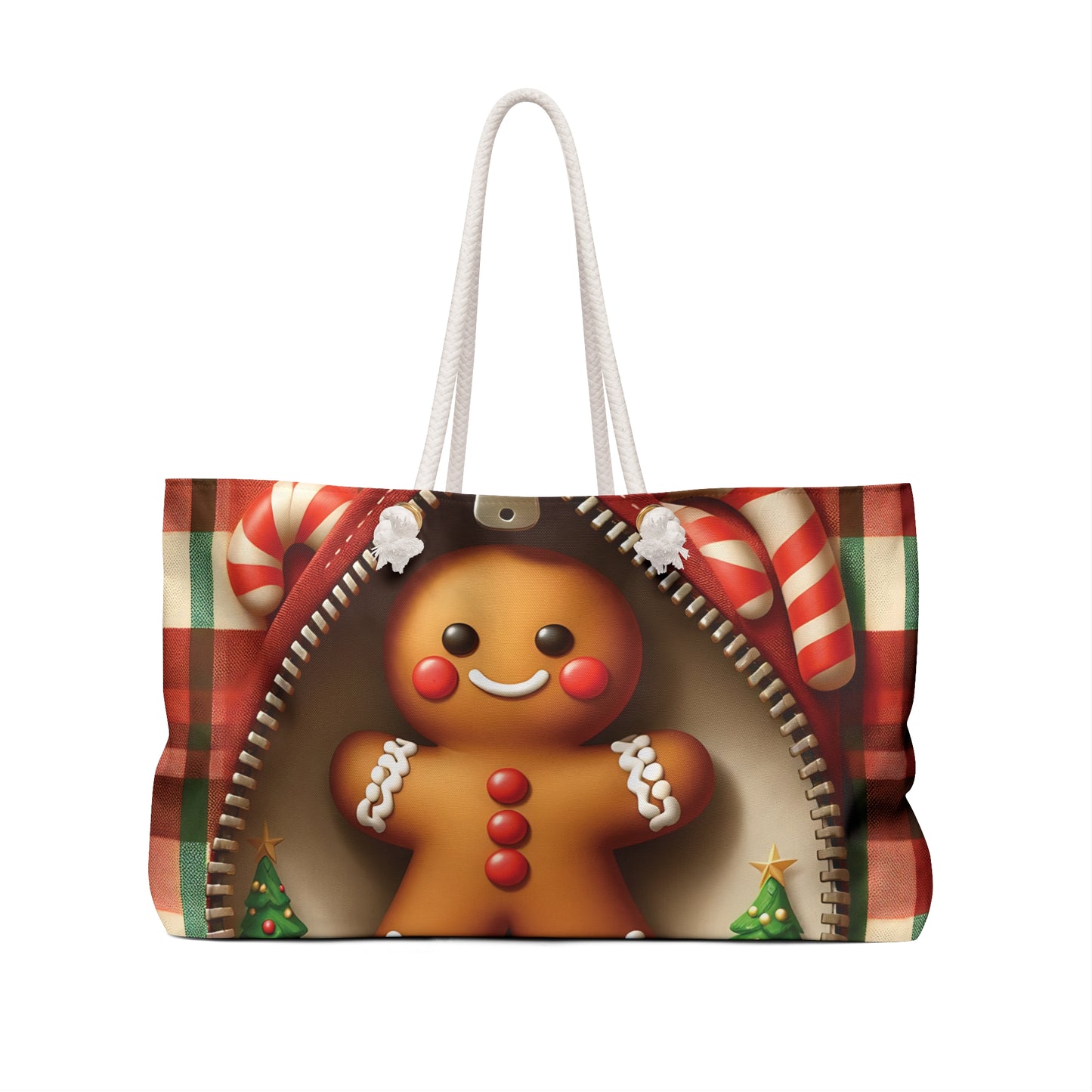 Personalised/Non-Personalised Weekender Bag, Cute Gingerbread Man, Christmas, Tartan, Large Weekender Bag, Beach Bag, Book Bag