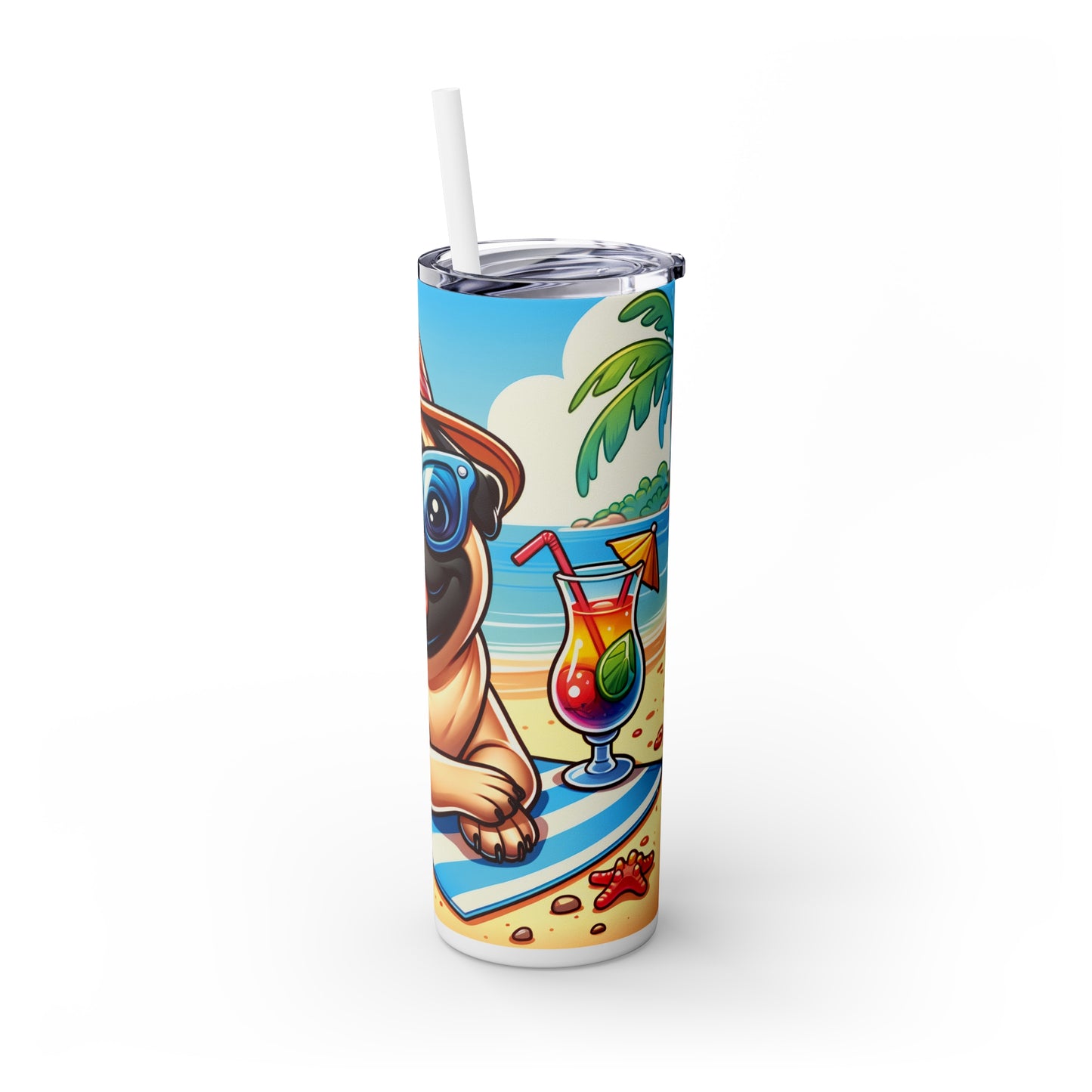 Skinny Tumbler with Straw, 20oz, Dog on Beach, Pug, awd-1236