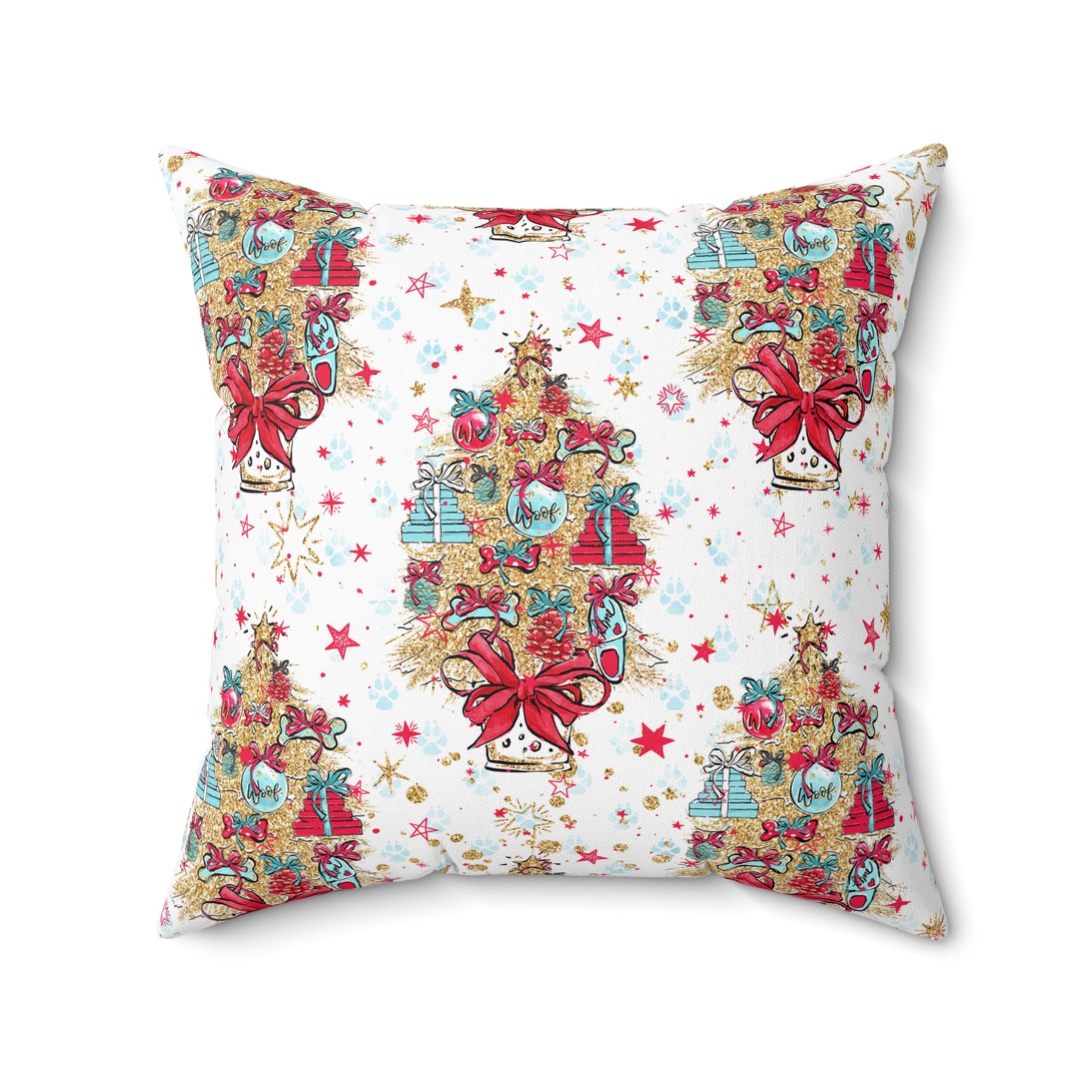 Spun Polyester Square Pillow, Doggie Christmas Tree Cushion