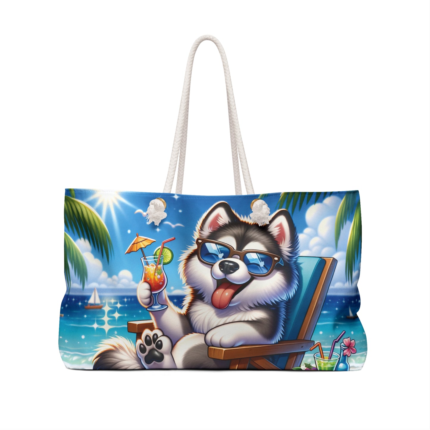 Personalised/Non-Personalised Weekender Bag, Summer Beach Dog, Alaskan Malamute, Large Weekender Bag, Beach Bag, Book Bag