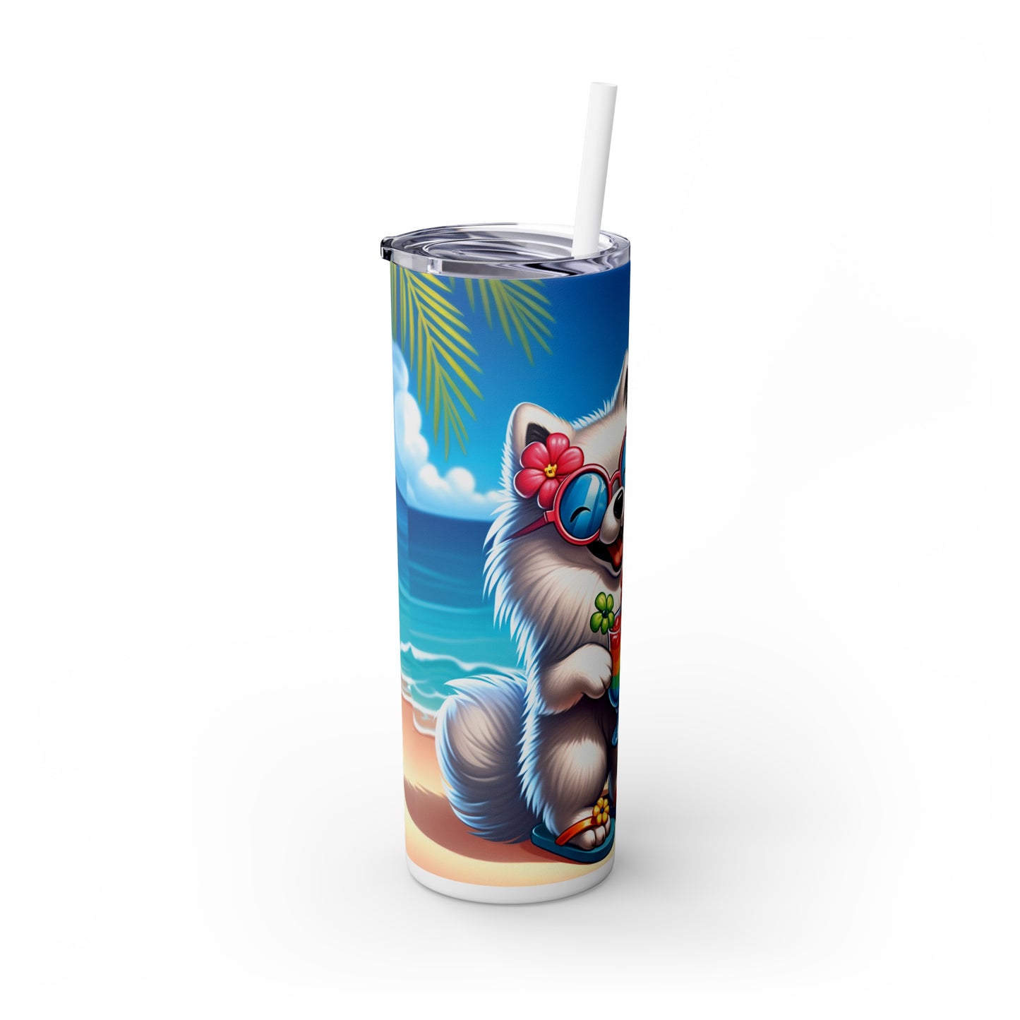 Skinny Tumbler with Straw, 20oz, Dog on Beach, American Eskimo, awd-1115