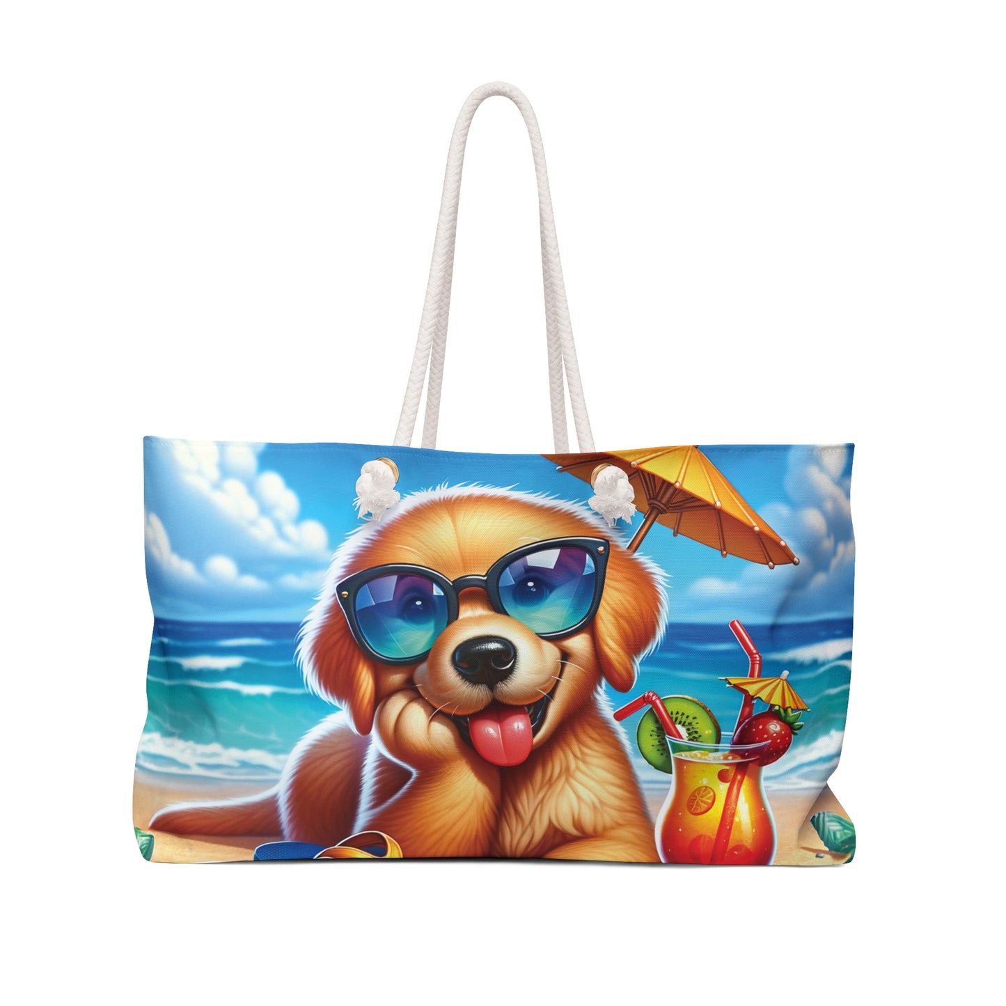 Personalised/Non-Personalised Weekender Bag, Summer Beach Dog, Golden Retriever, Large Weekender Bag, Beach Bag, Book Bag