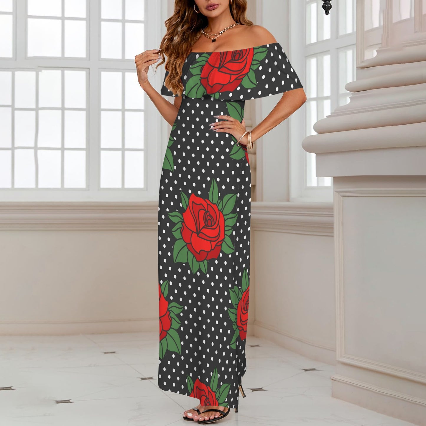 Rockabilly Roses Red Black White Women's Off Shoulder Ruffle Boat Neck Dress (Model D71)