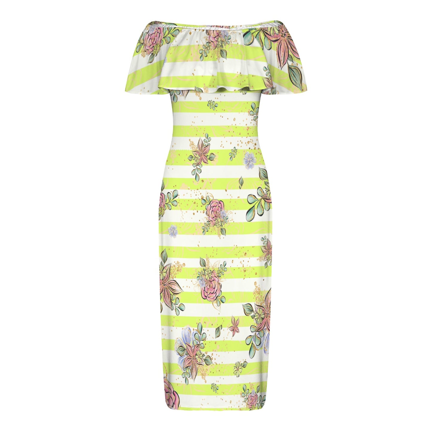 Floral Yellow Stripe Women's Off Shoulder Ruffle Boat Neck Dress (Model D71)