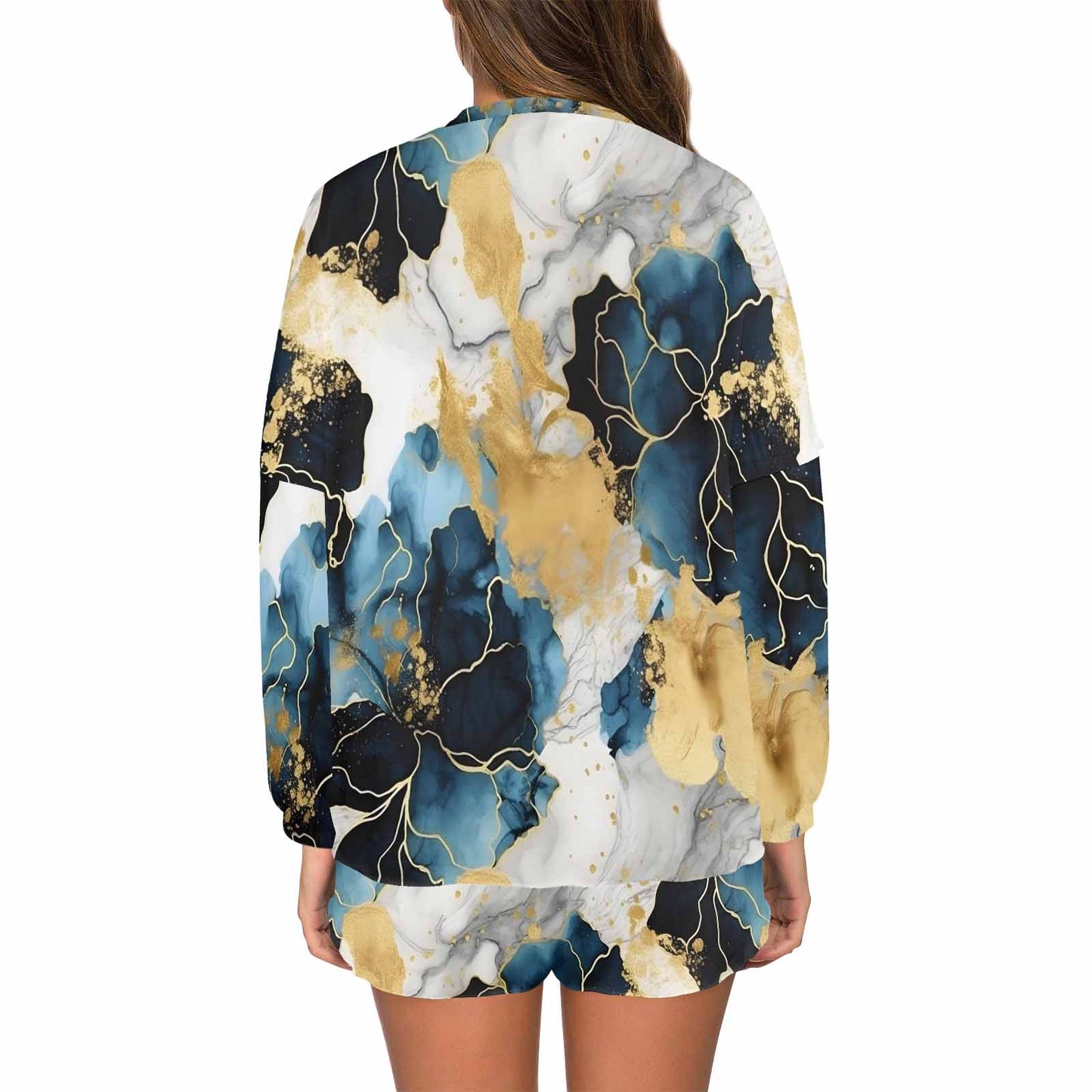 Blue Ink Floral  Women's Long Sleeve Pajama Set with Shorts