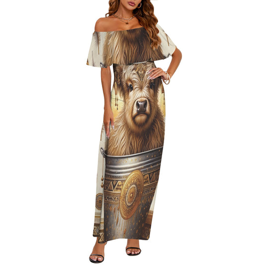 Boho Highland Cow awd705 Women's Off Shoulder Ruffle Boat Neck Dress (Model D71)