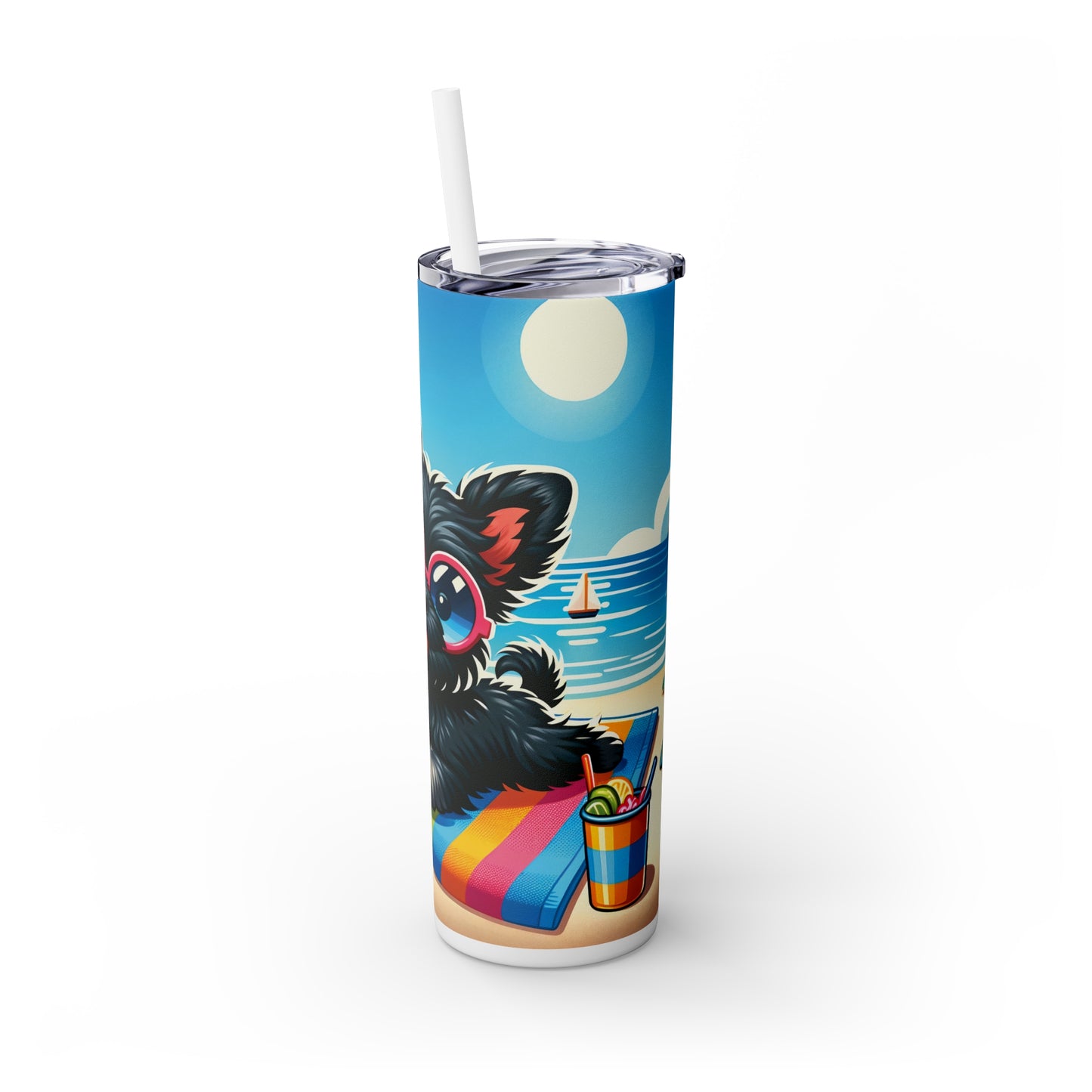 Skinny Tumbler with Straw, 20oz, Dog on Beach, Affenpinscher, awd-1174