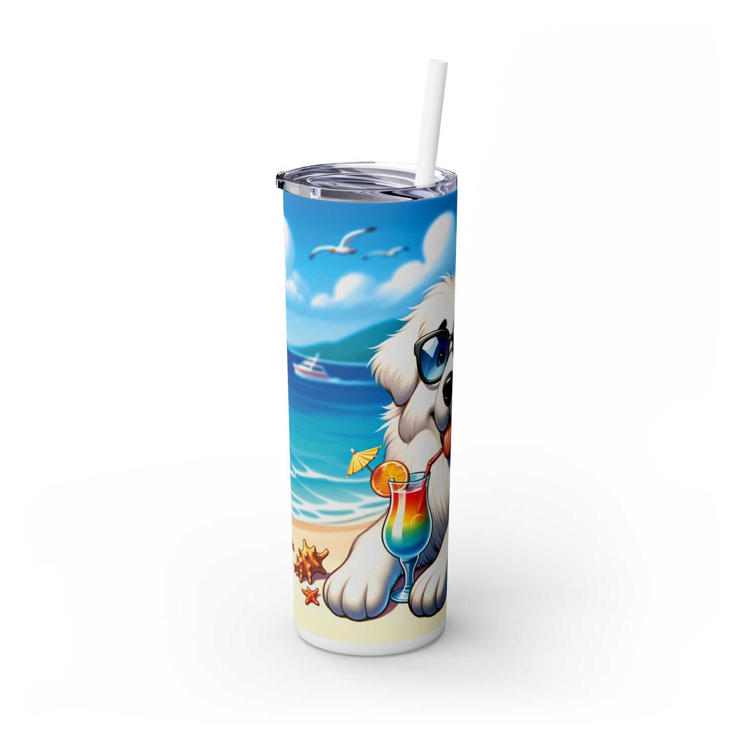 Skinny Tumbler with Straw, 20oz, Dog on Beach, Great Pyrenees, awd-1214