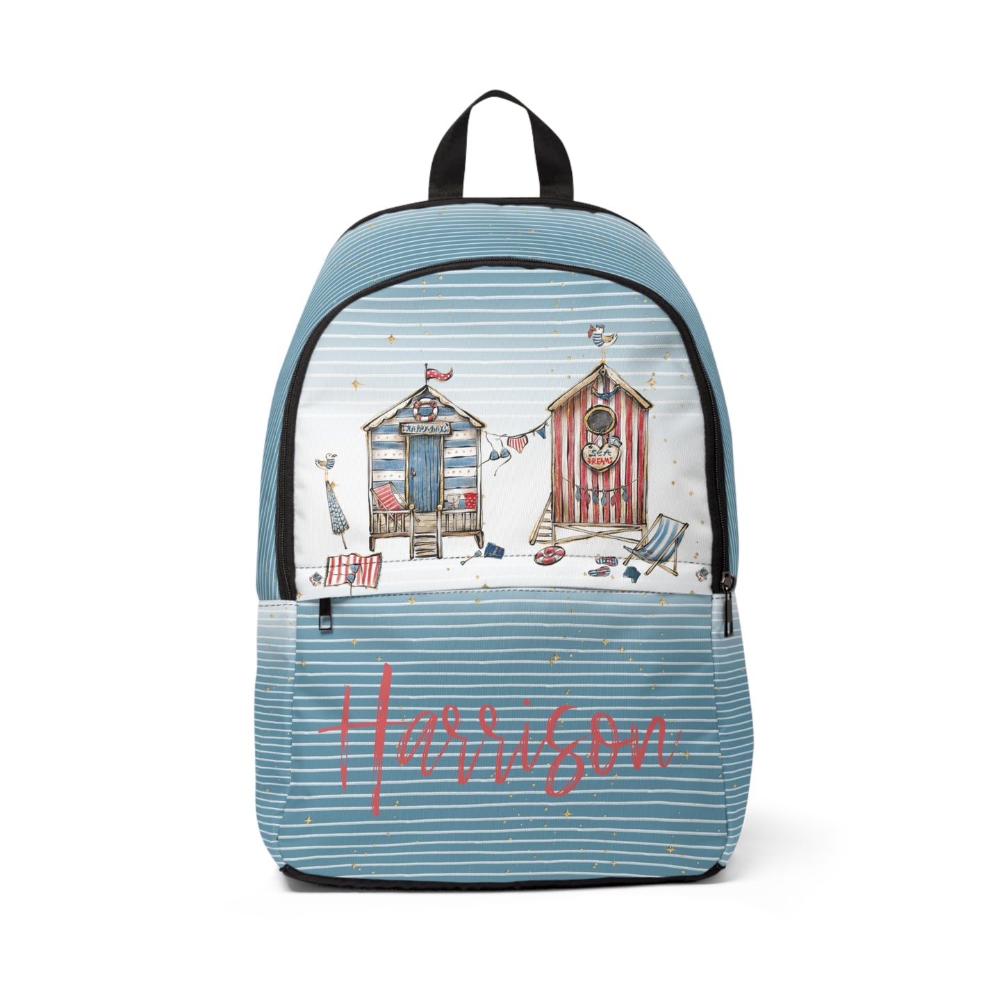 Unisex Fabric Backpack, Beach Huts,  Unisex Name Backpack, Custom Gifts, Kindergarten Accessories, School Accessories