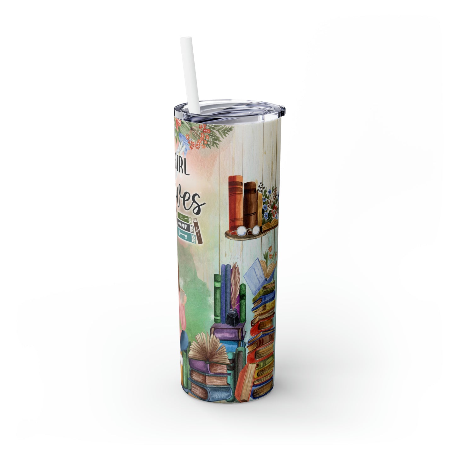 Skinny Tumbler with Straw, 20oz, Just A Girl Who loves Books