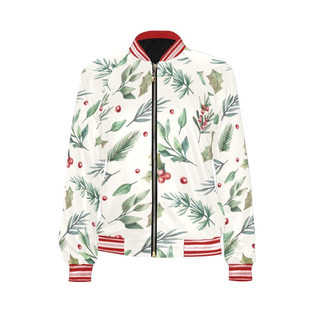 Christmas Poinsettia Pattern Bomber Jacket for Women