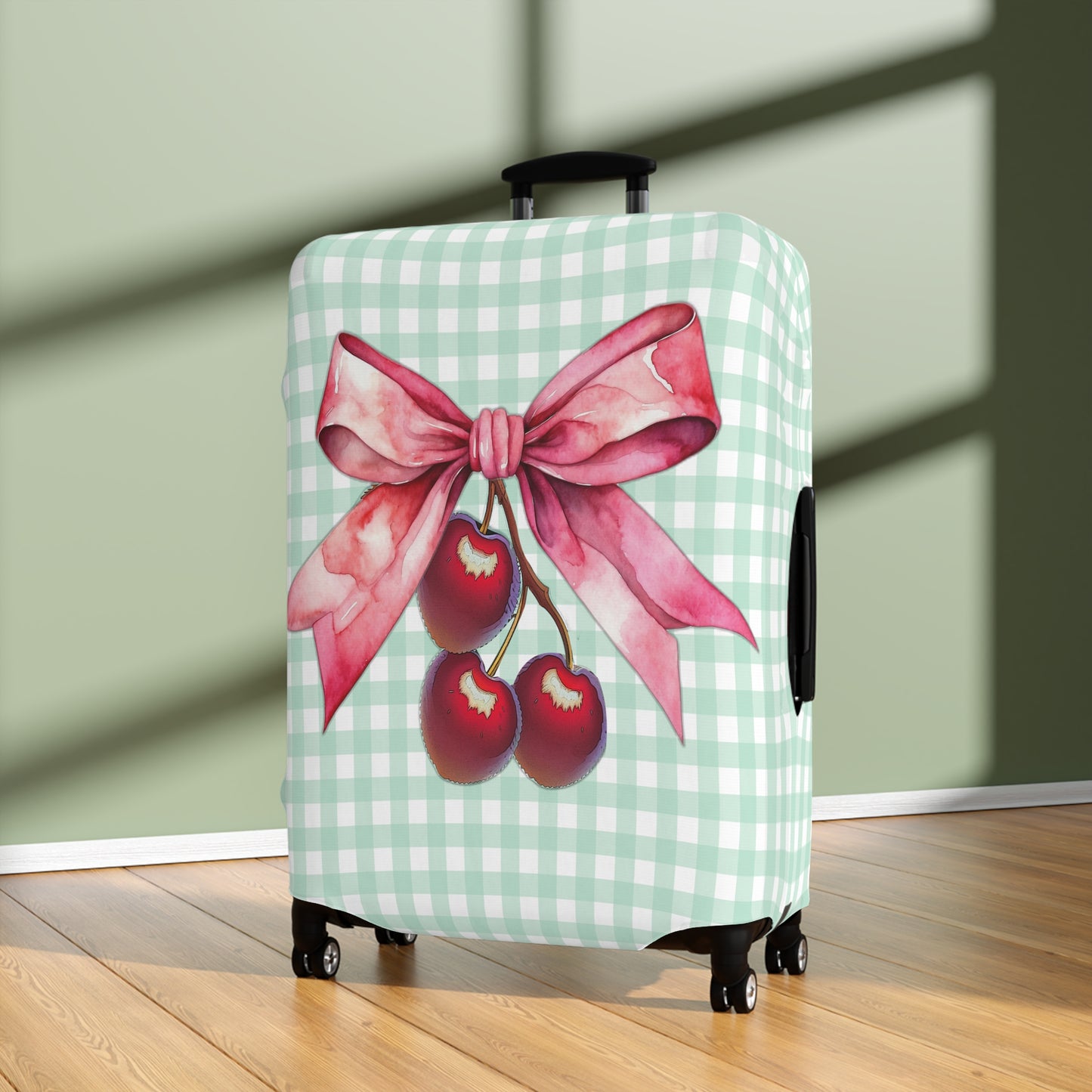 Luggage Cover, Rockabilly, Coquette, Pastel Green Gingham, Cherries and Ribbon, awd-2511