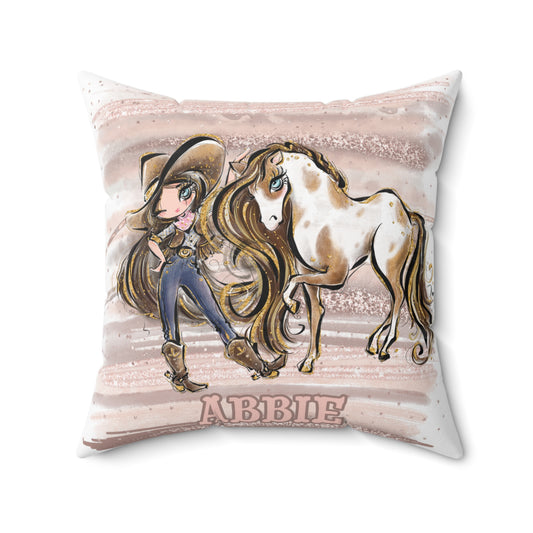 Personalised Cowgirl and Horse Cushion,  Brown Hair, Blue Eyes, Polyester Square Cushion, Christmas cushion