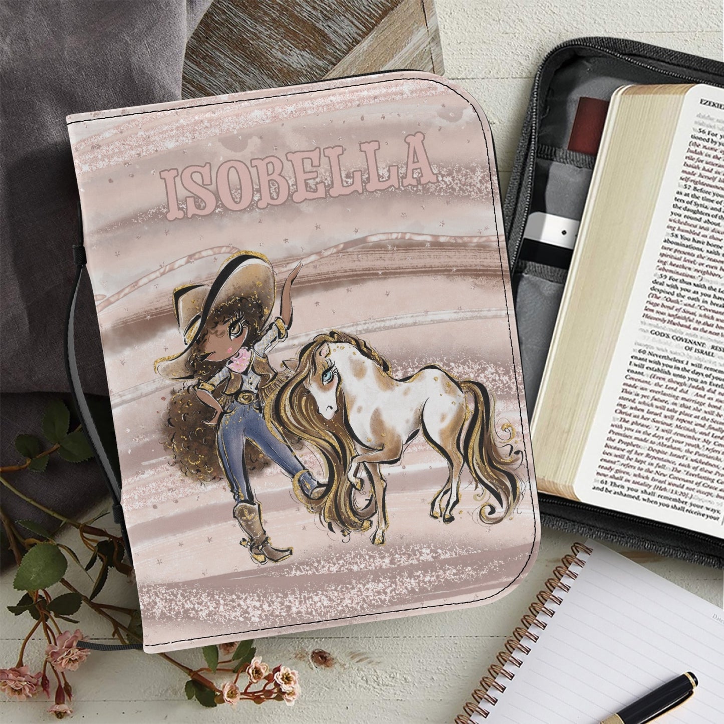 book/Bible Cover, Howdy, Cowgirl and Horse, Brunette Curly Hair, Olive Skin, Brown Eyes