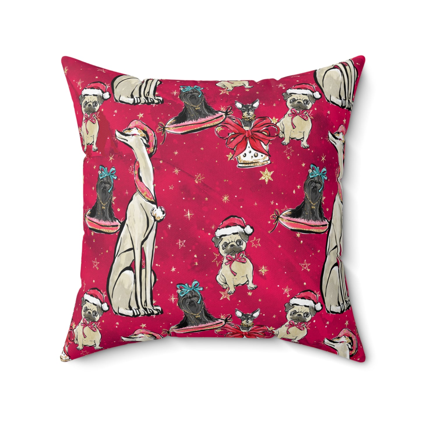 Spun Polyester Square Pillow, Red Doggie Blended Dog Family Christmas Cushion