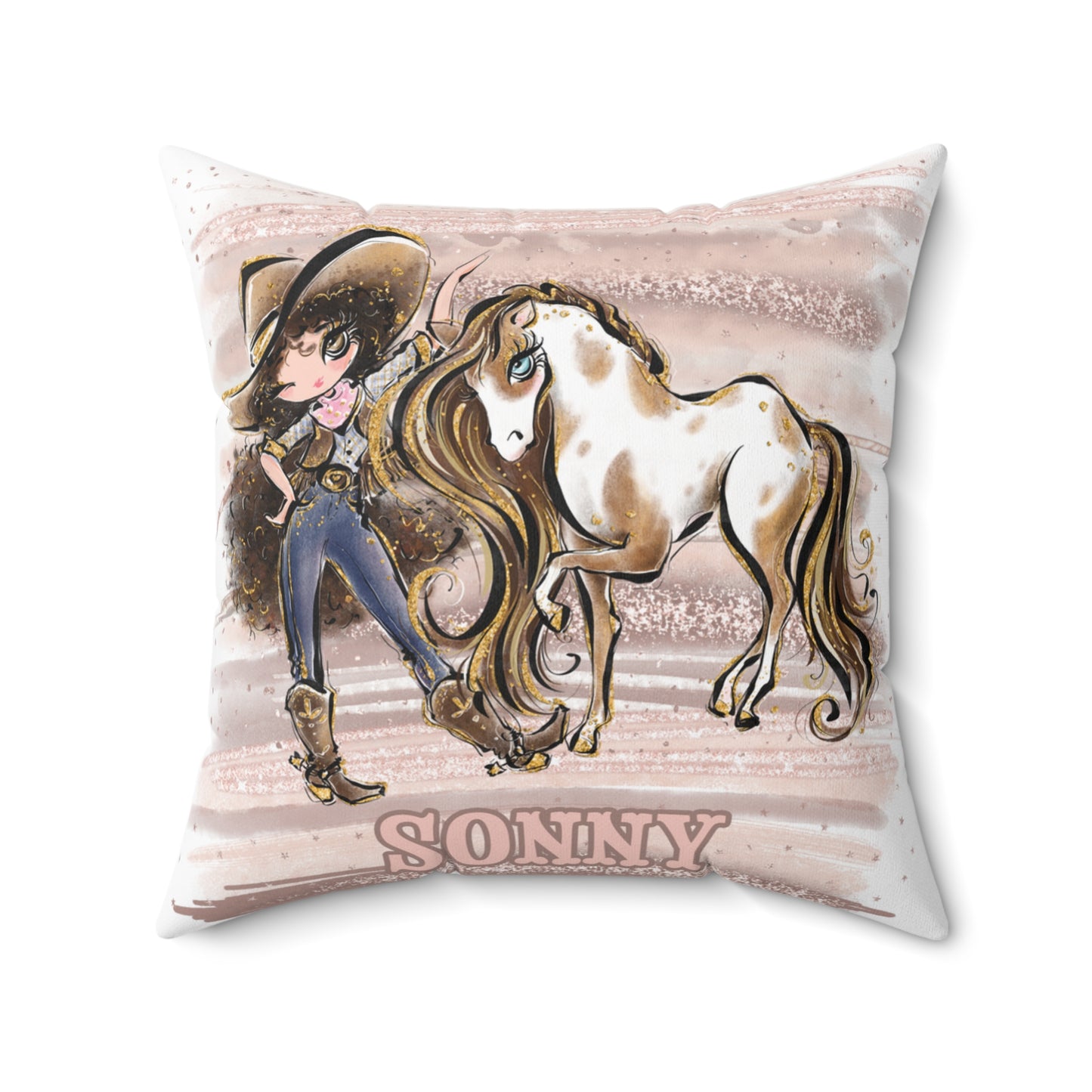 Personalised Cowgirl and Horse Cushion,  Brown Curly Hair, Brown Eyes, Polyester Square Cushion, Christmas cushion