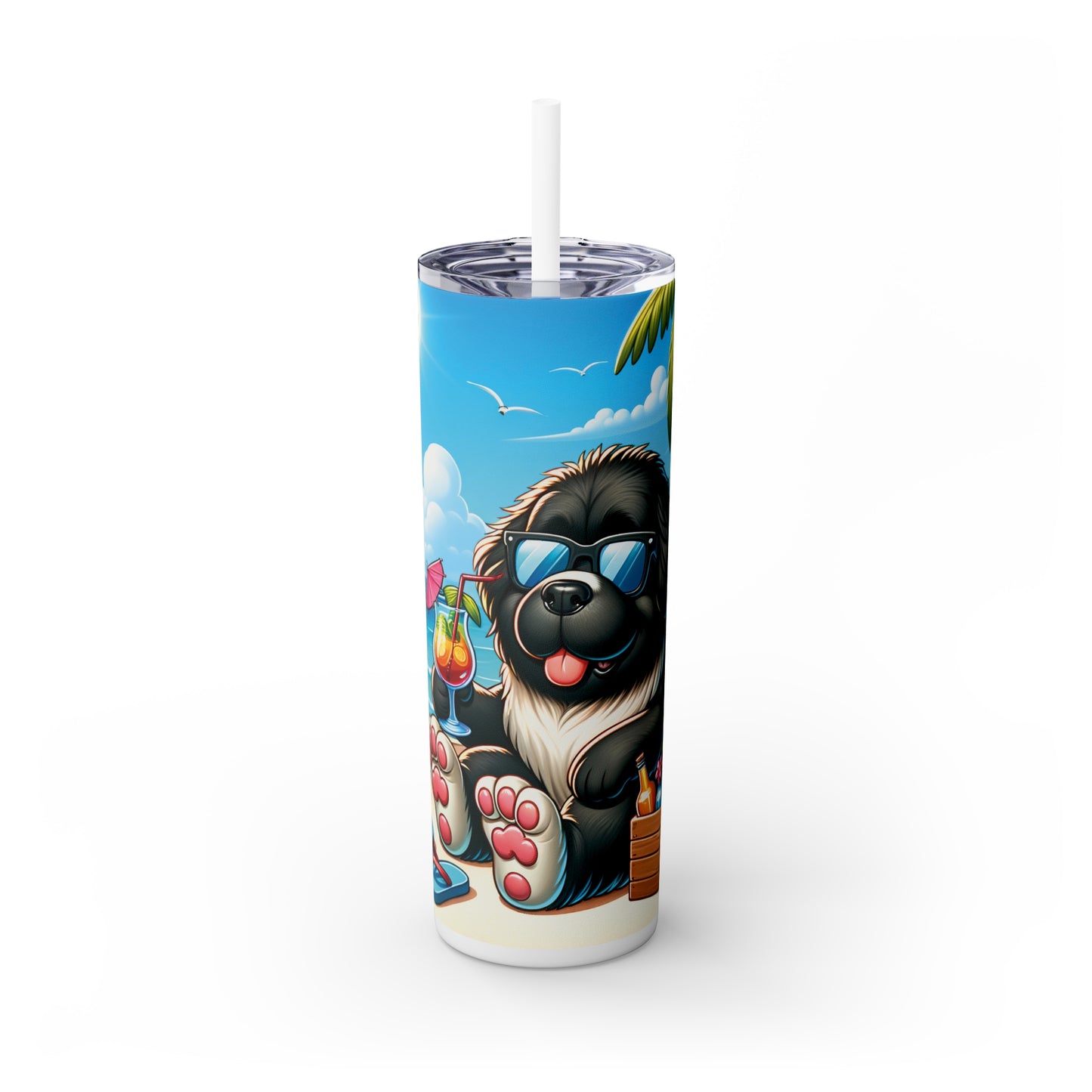 Skinny Tumbler with Straw, 20oz, Dog on Beach, Newfoundland, awd-1227