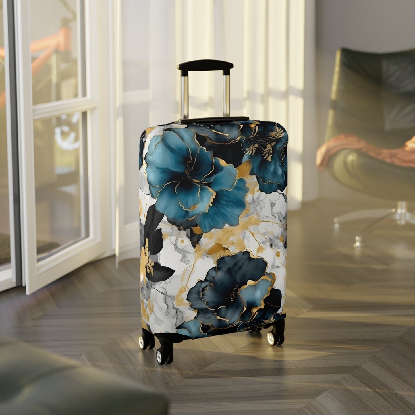 Luggage Cover, Alcohol Ink Black, Blue and Gold Floral