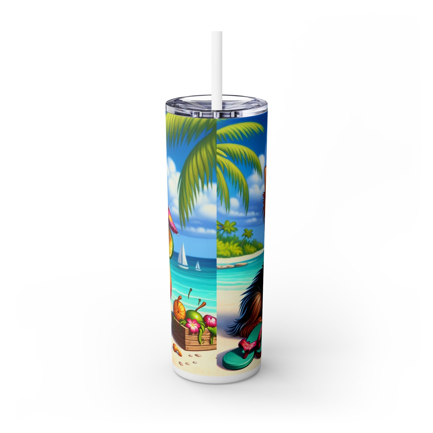 Skinny Tumbler with Straw, 20oz, Dog on Beach, Yorkshire Terrier, awd-1254