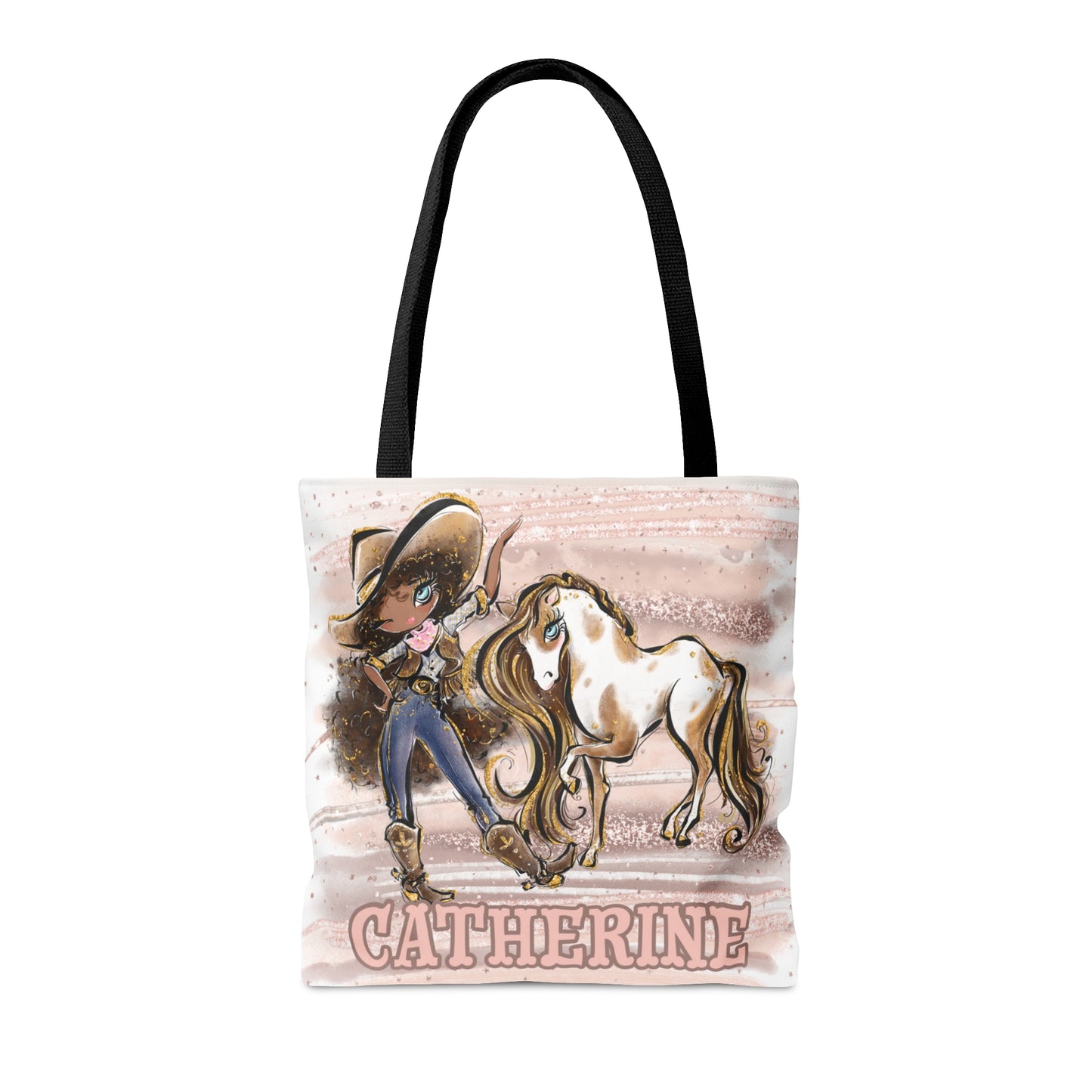 Personalised Tote Bag, Cowgirl & Horse, Brown Curly Hair, Olive Skin, Blue Eyes, Tote bag