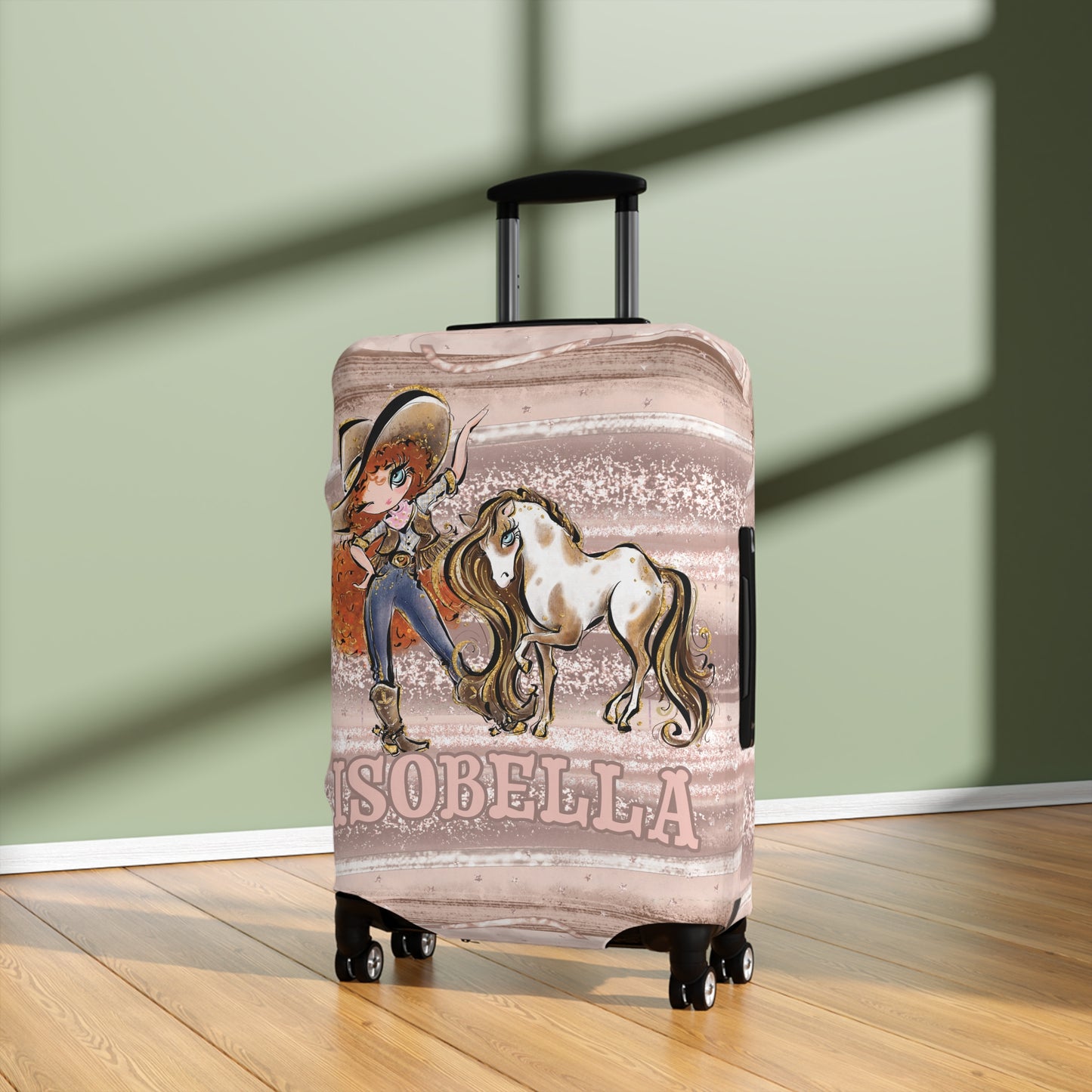 Luggage Cover, Howdy Cowgirl and Horse, Red Curly Hair Blue Eyes