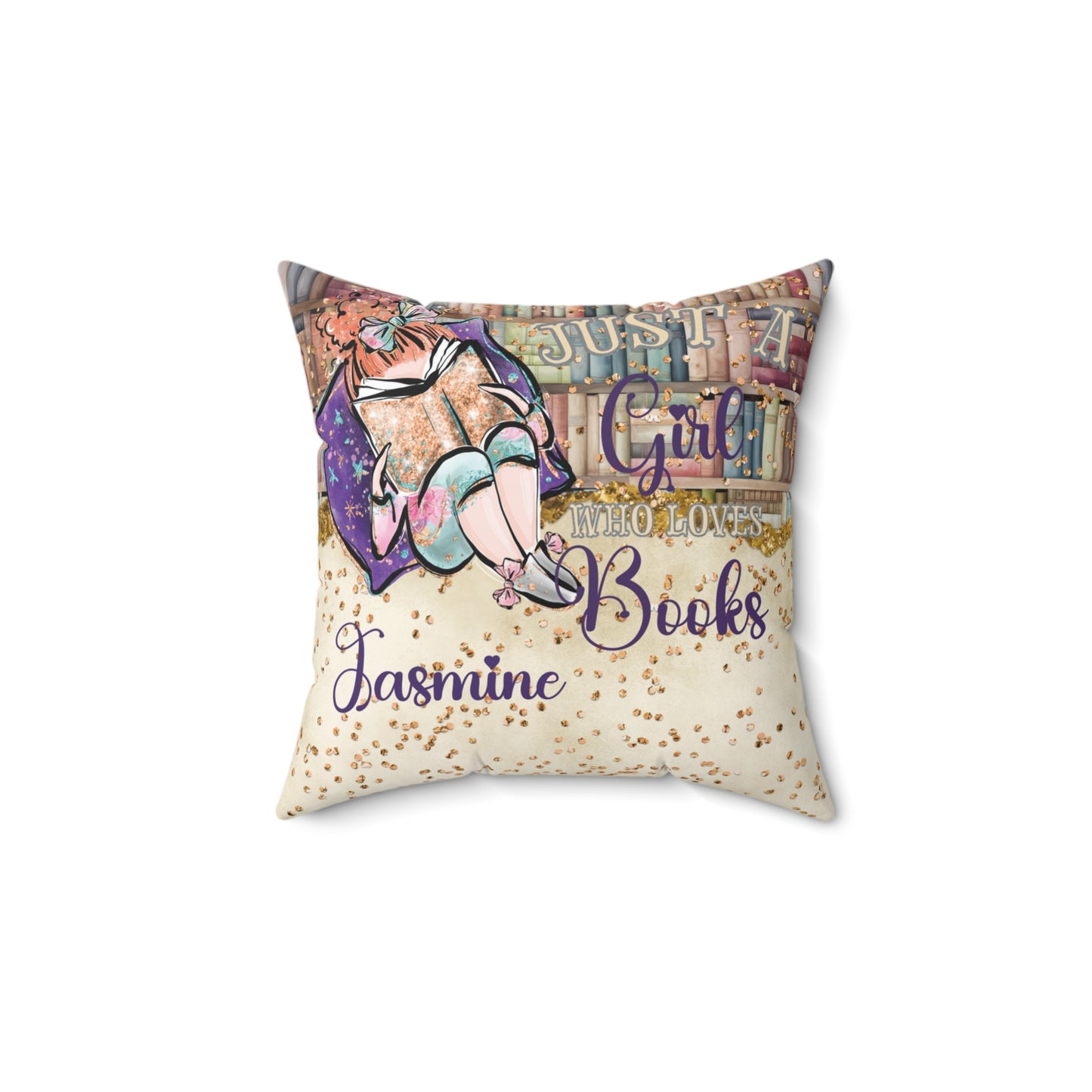 Polyester Square Pillow, Just a Girl who Loves Books, Red Hair