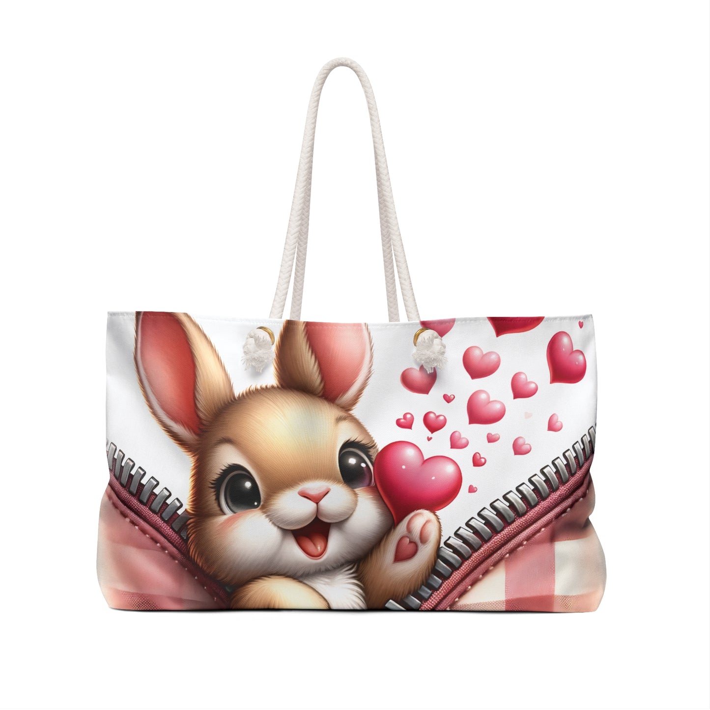 Personalised/Non-Personalised Weekender Bag, Cute Rabbit, Zipper, Valentines Day, Large Weekender Bag, Beach Bag, Book Bag