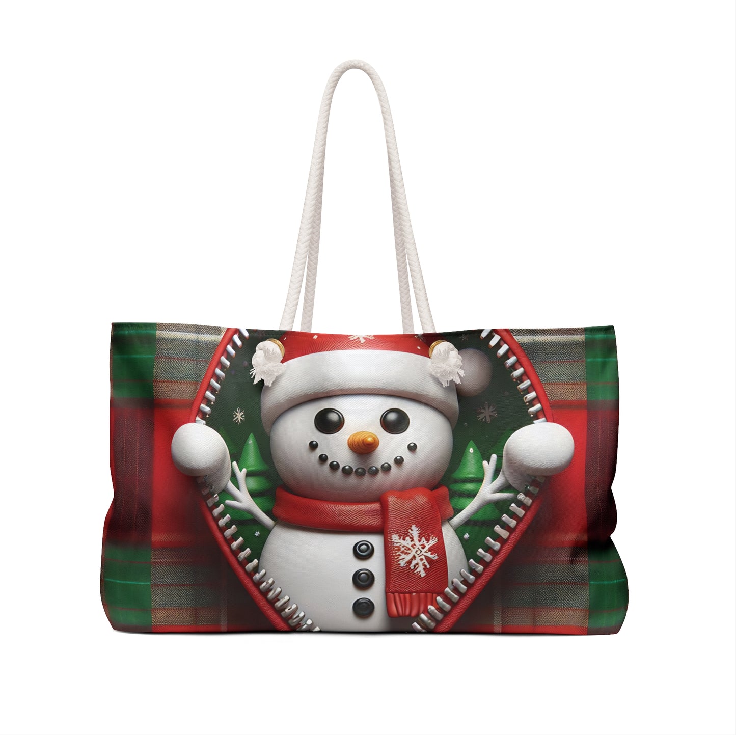 Personalised/Non-Personalised Weekender Bag, Cute Snowman, Christmas, Tartan, Large Weekender Bag, Beach Bag, Book Bag