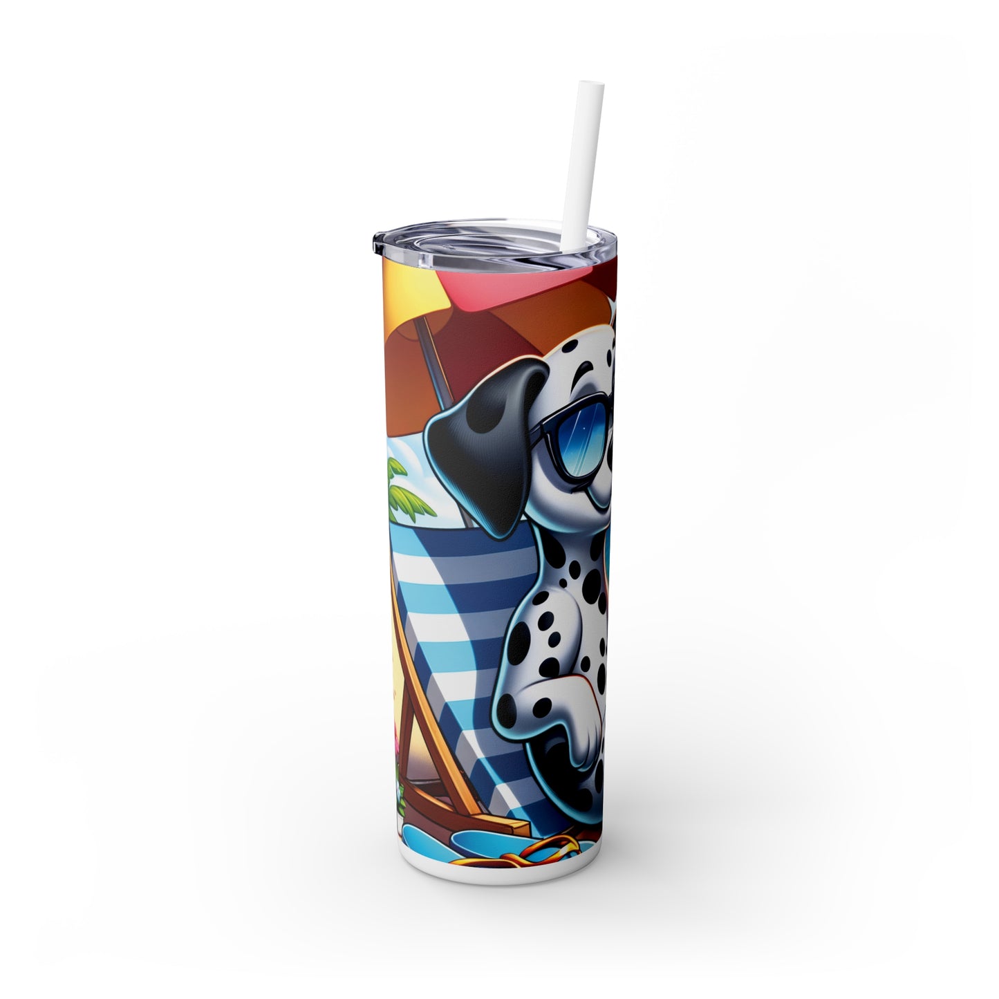 Skinny Tumbler with Straw, 20oz, Dog on Beach, Dalmatian, awd-1209