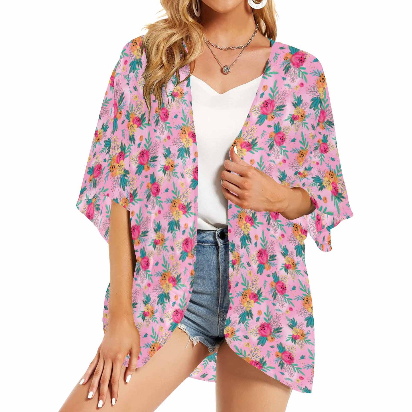 Australian Floral Pink  Women's Kimono Chiffon Cover Up