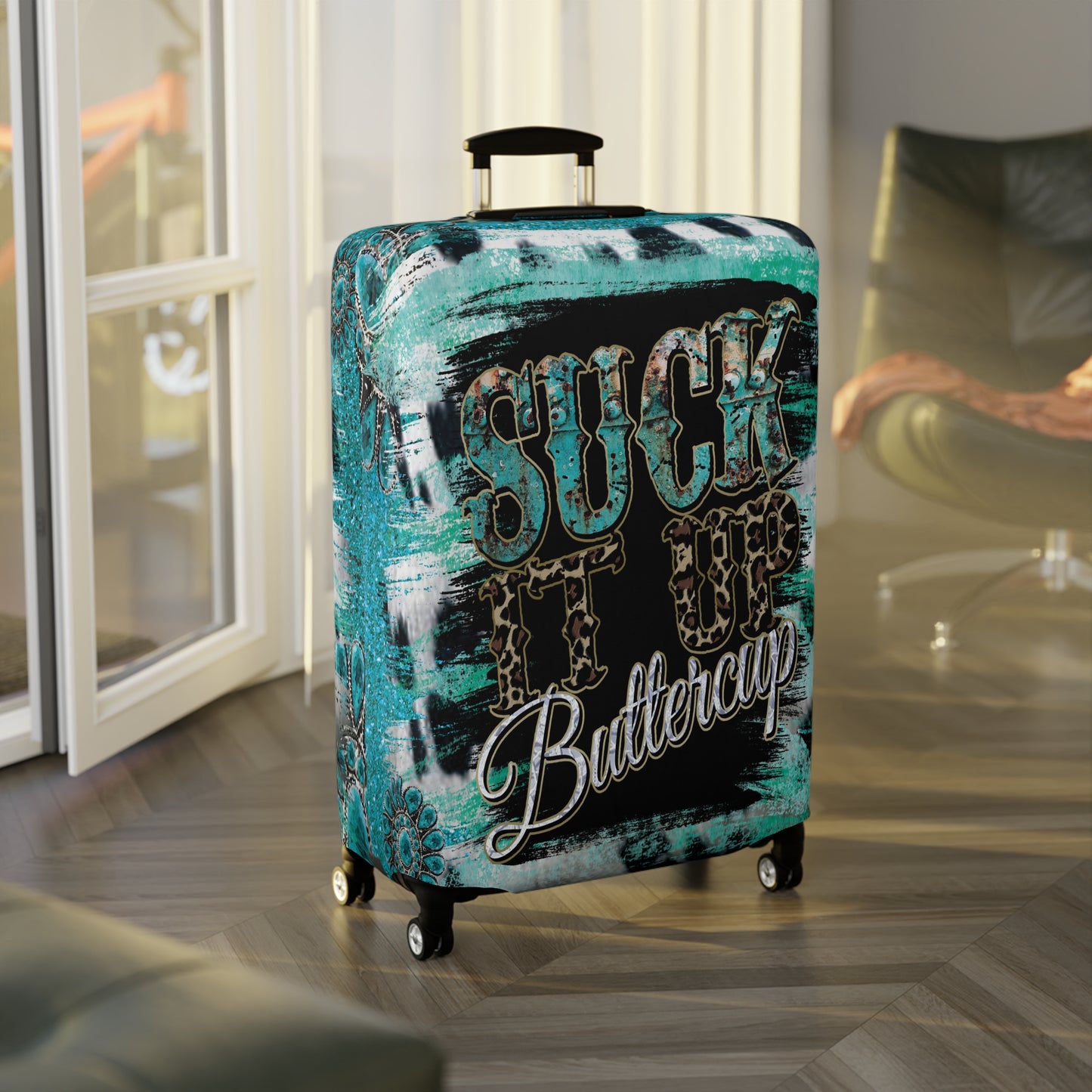 Luggage Cover, Country and Western, Suck it up Buttercup, Turquoise, awd-039