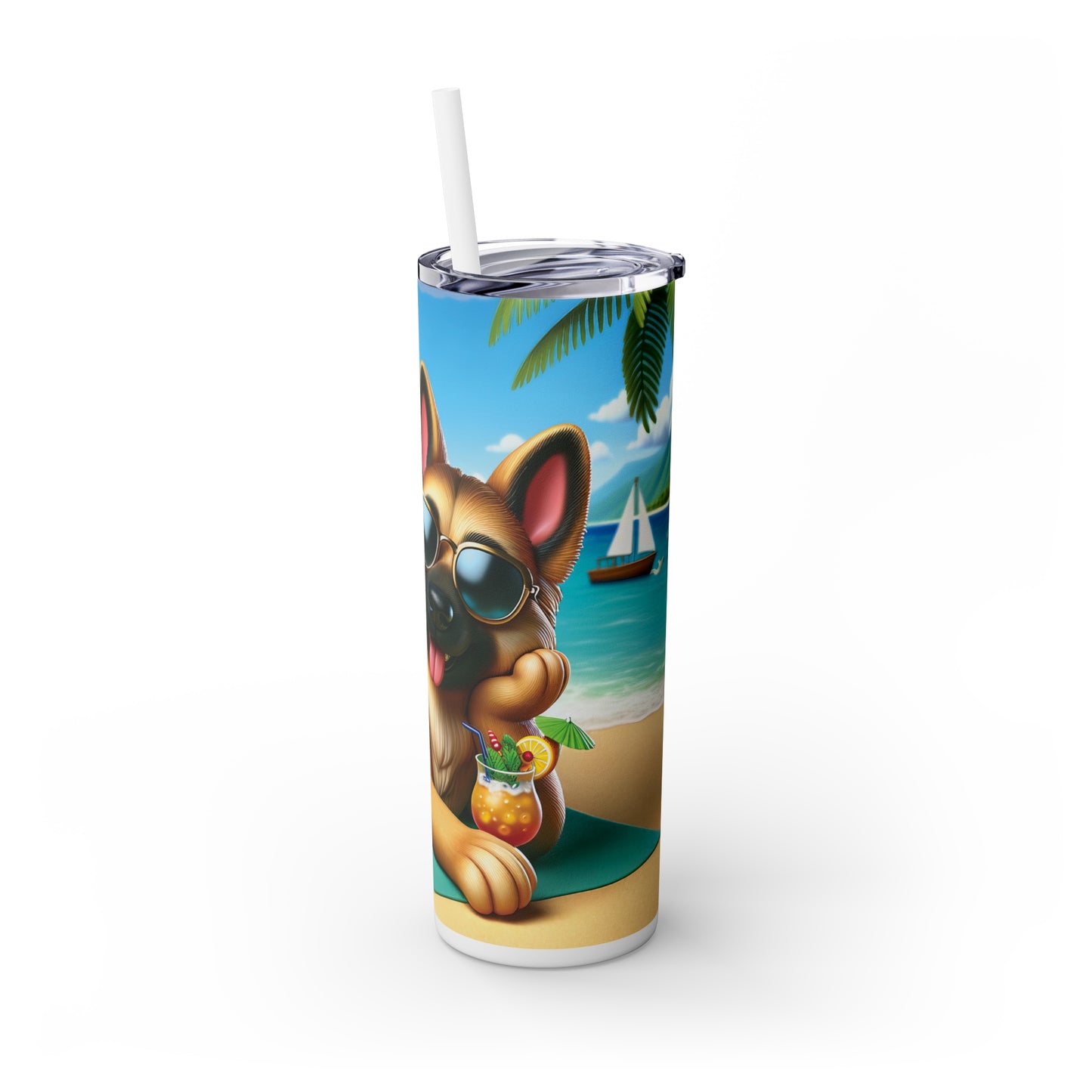 Skinny Tumbler with Straw, 20oz, Dog on Beach, German Shepherd, awd-1212