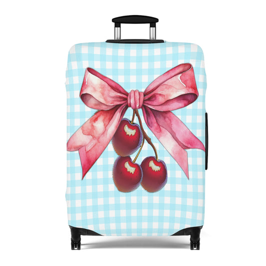 Luggage Cover, Rockabilly, Coquette, Pastel Blue Gingham, Cherries and Ribbon, awd-2513