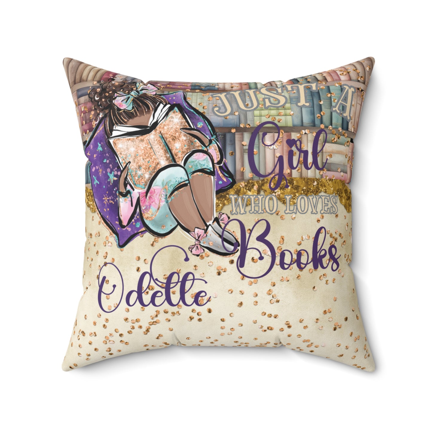 Polyester Square Pillow, Just a Girl who Loves Books, Dark Skin