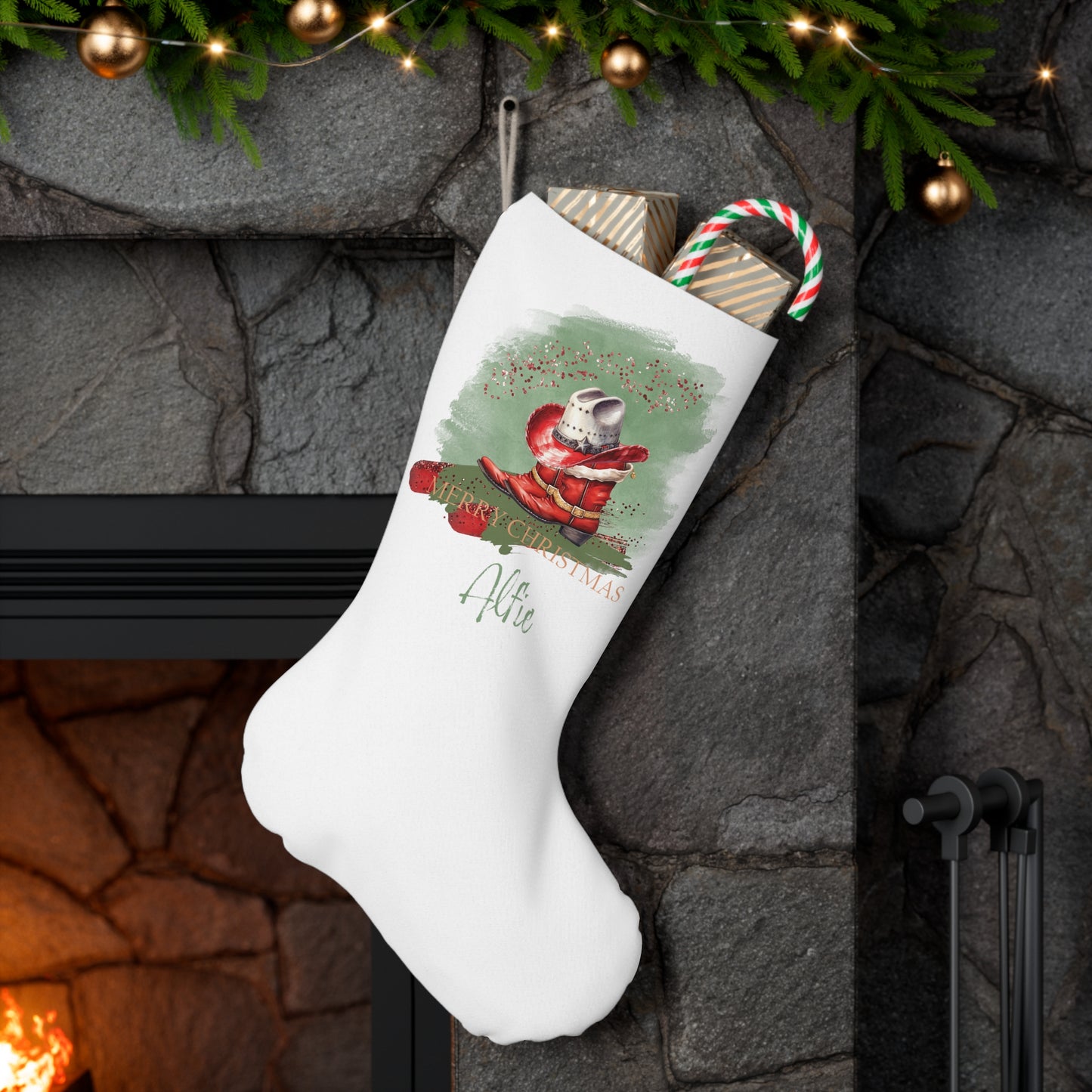 Personalised Santa Stocking, Sage Christmas Country Country Boots