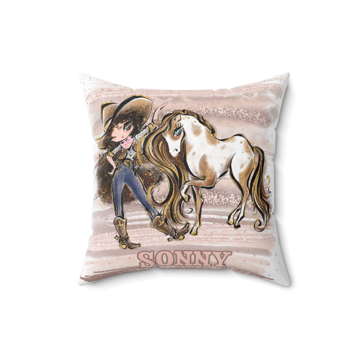 Personalised Cowgirl and Horse Cushion,  Brown Curly Hair, Brown Eyes, Polyester Square Cushion, Christmas cushion