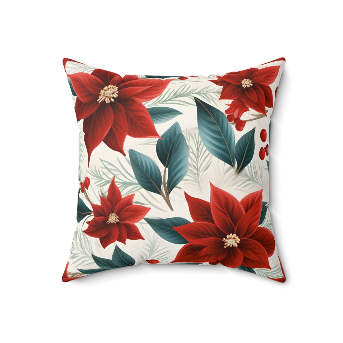 Spun Polyester Square Pillow, Red Poinsettia Floral Cushion