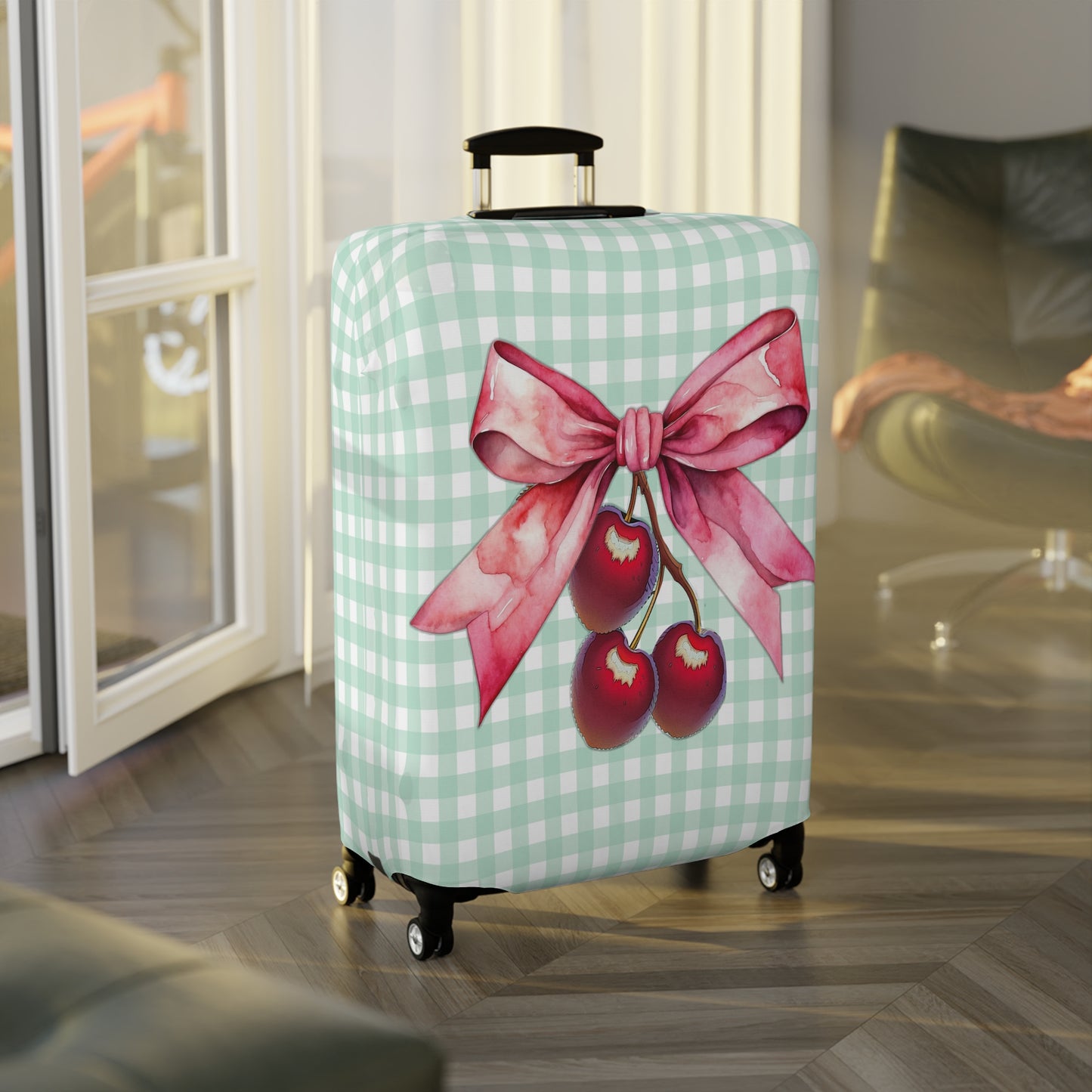 Luggage Cover, Rockabilly, Coquette, Pastel Green Gingham, Cherries and Ribbon, awd-2511