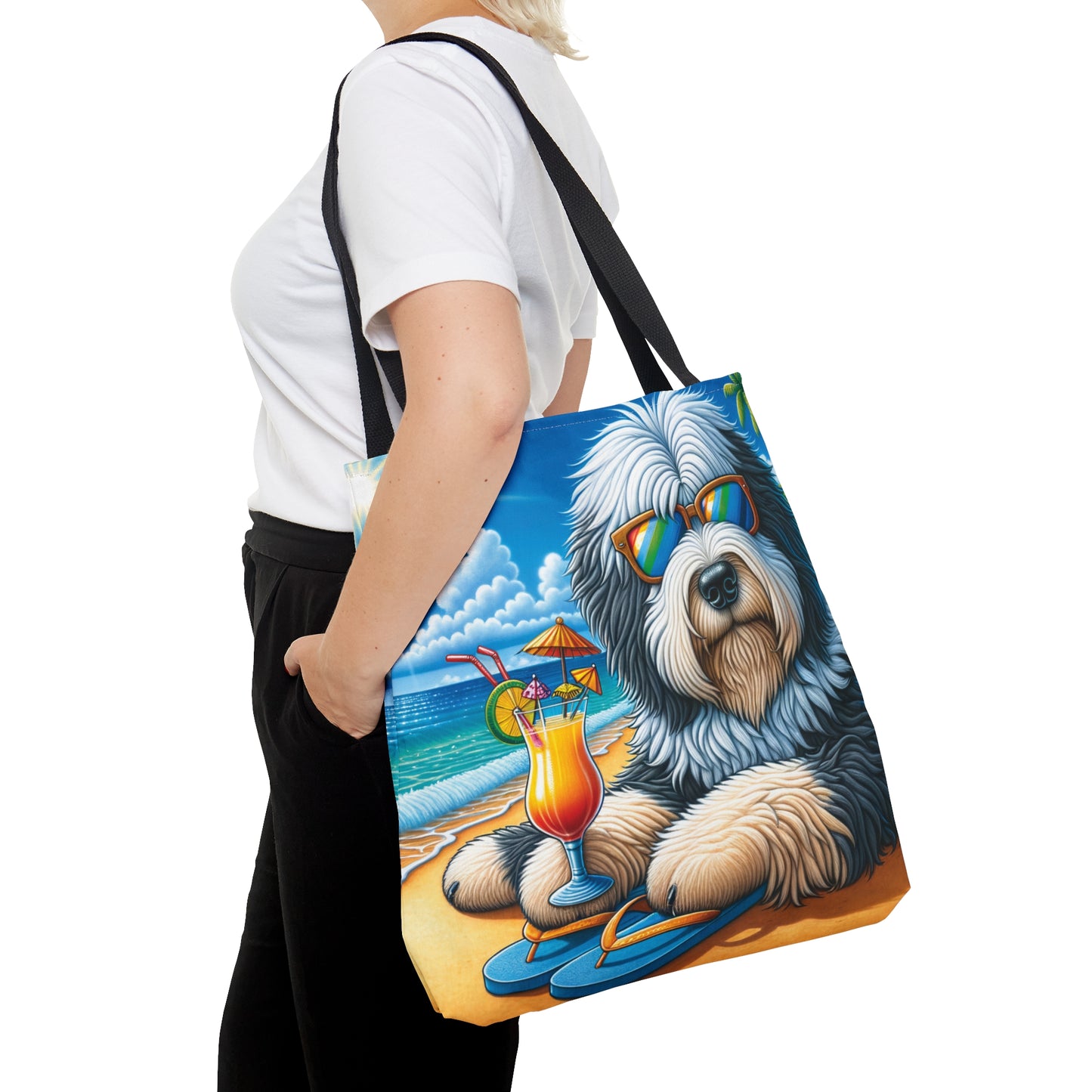 Tote Bag, Dog on Beach, Old English Sheepdog, Tote bag,  awd-1228