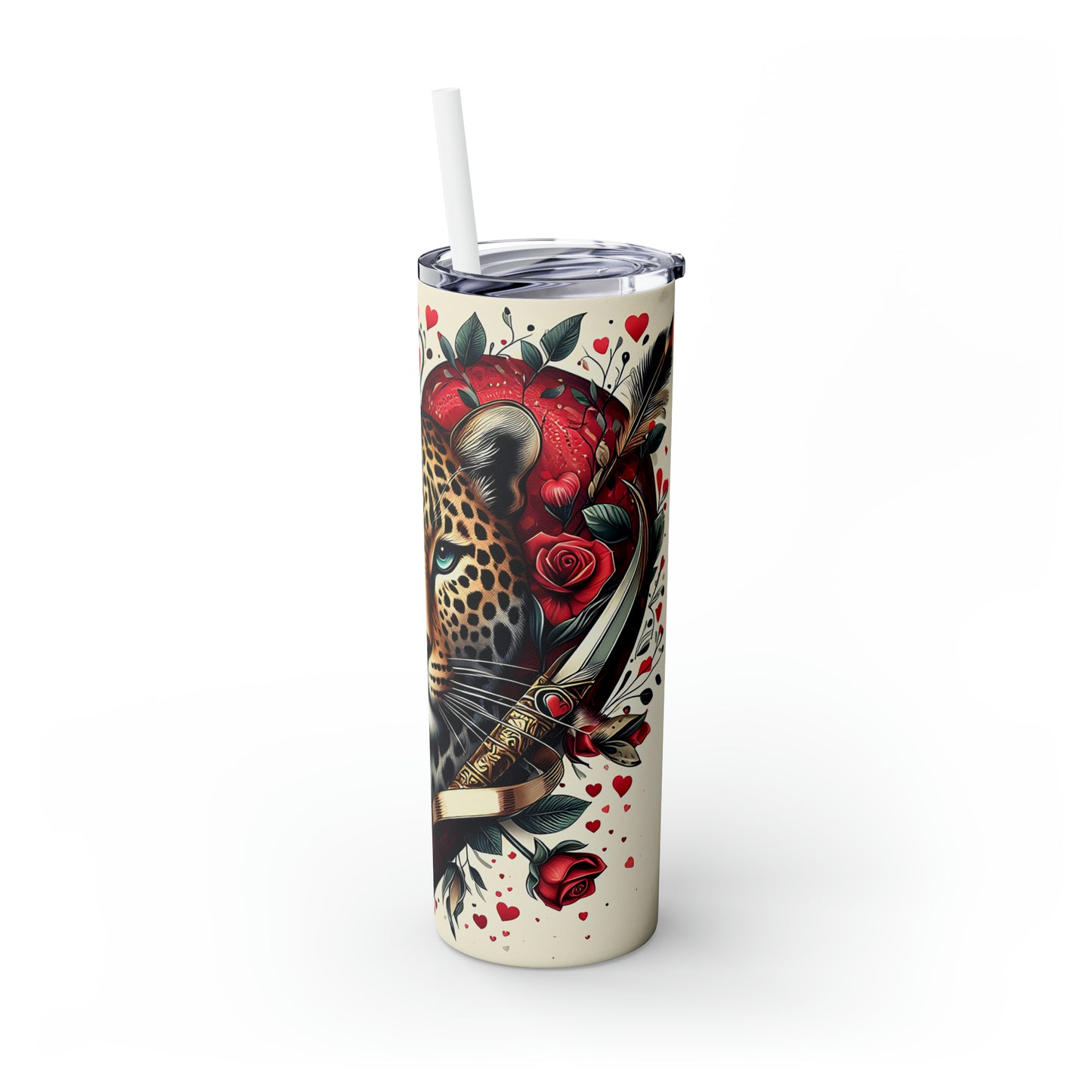 Skinny Tumbler with Straw, 20oz, Heart Leopard, awd-430