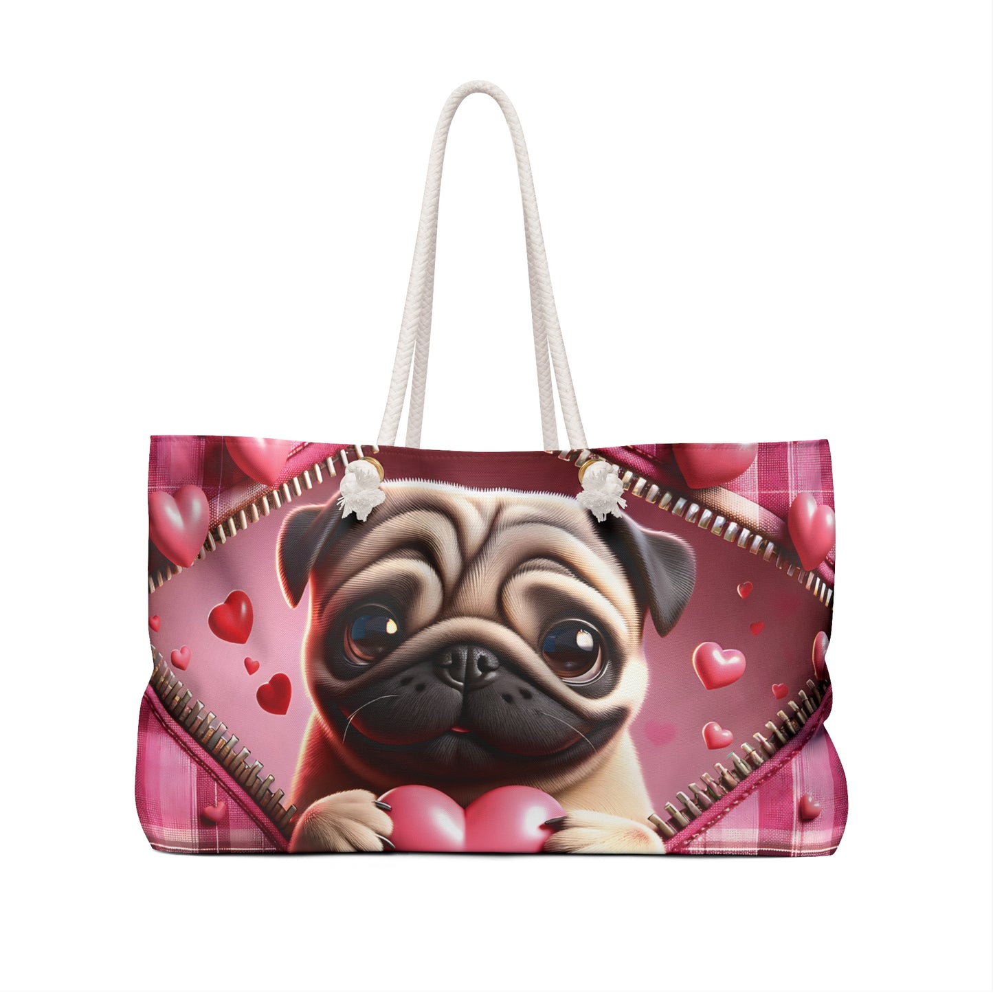 Personalised/Non-Personalised Weekender Bag, Cute Dog, Zipper, Valentines Day, Large Weekender Bag, Beach Bag, Book Bag