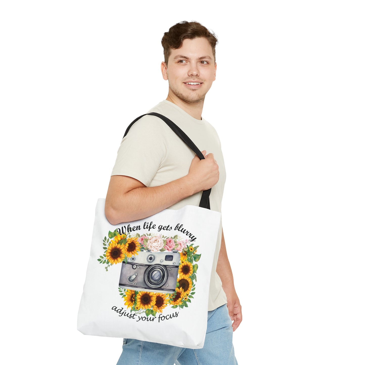 Personalised/Non-Personalised Tote Bag, Sunflower, Camera, When Life gets Blurry adjust your Focus, Tote bag