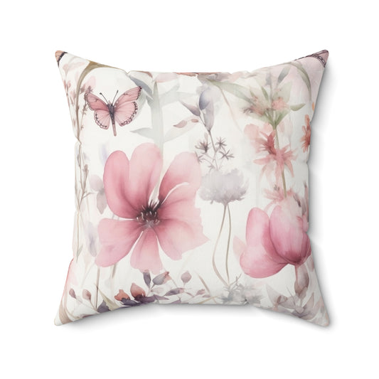 Spun Polyester Square Pillow, Butterfly Floral Cushion