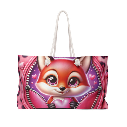 Personalised/Non-Personalised Weekender Bag, Cute Fox, Zipper, Valentines Day, Large Weekender Bag, Beach Bag, Book Bag